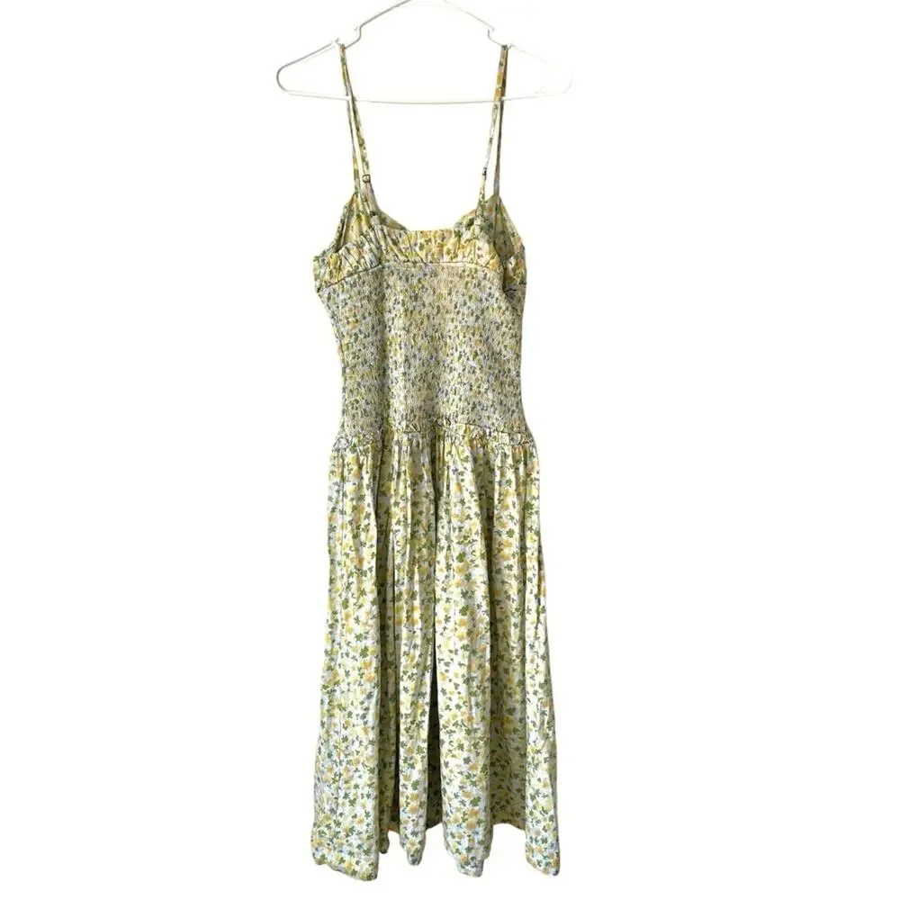 Free People Lavender Daze Smocked Floral Midi Dress XS Cream Yellow Green